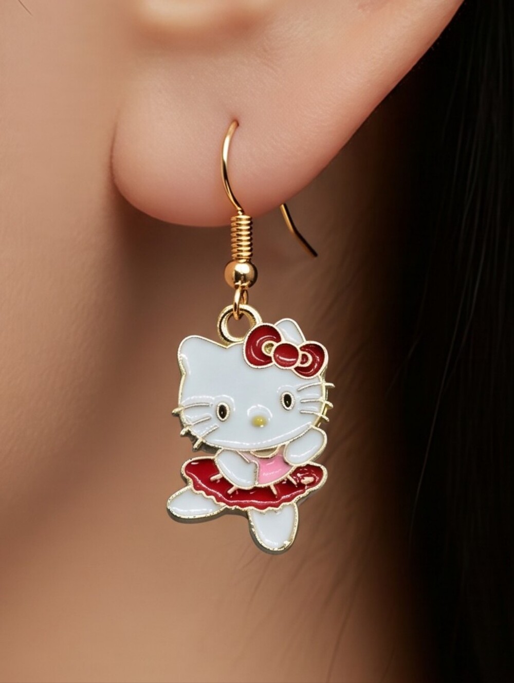 Hello Kitty Ballerina Earrings Sanrio Red Bow Enamel Gold Dangle Kawaii Y2K Cat